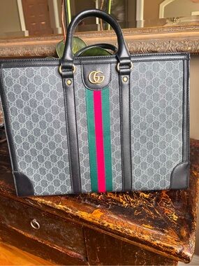 Gucci Gray GG Supreme Canvas Briefcase with Green & Red Web Stripe